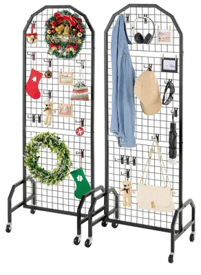 Productafbeelding van VEVOR Gitterwandpanelen, gitterwand 60 x 164 cm, 2 stuks, verrijdbare presentatiestandaard met 20 haken, presentatieplanken van koolstofstaal, kunstexpositieplank voor decoratie en opslag, zwart