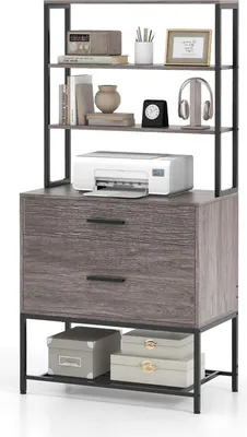 Produktbild von KOMFOTTEU 3 Ebene Bücherregal mit 2 Schubladen, Standregal mit Kippsicherung, Bücherschrank aus Holz & Metall, Stauregal Büroschrank Ordnerschrank für Wohnzimmer, Büro, 75 x 40 x 156 cm (Grau)