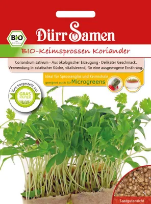 Zdjęcie produktu dla Organiczne kiełki kolendry Dürr, stosowane w wielu potrawach kuchni azjatyckiej i indyjskiej, zawartość: 20gr.