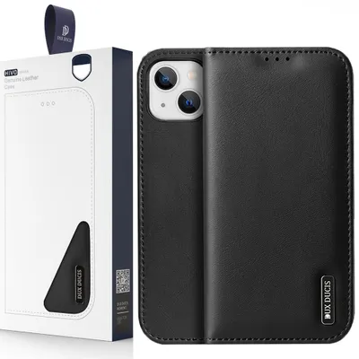 Zdjęcie produktu dla Dux Ducis Hivo Skórzane Etui Z Klapką Pokrowiec Ze Skóry Naturalnej Portfel Na Karty I Dokumenty Iphone 14 Plus Czarny