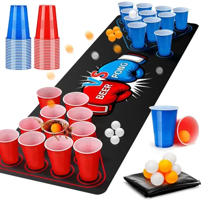 Obrázek produktu pro Sada podložek na stůl pro hru Beer Pong, rozměry 180x60 cm, obsahuje 40 kelímků, 8 míčků a 1 podložku, ideální pro večírky