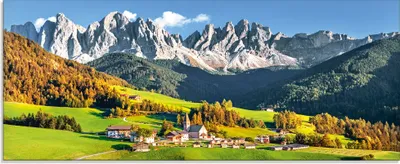 Produktbild von ARTland Glasbild Alpen Berge Santa Maddalena Größe: 125x50 cm