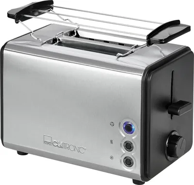 A silver and black Clatronic toaster with a bun warmer attachment.