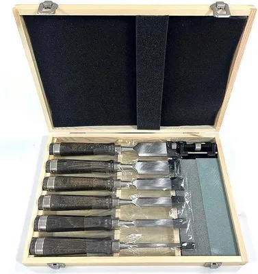 Produktbild von Holzbeitel Set 6-tlg. mit Schärfstein für Holzarbeiten - Naturholz