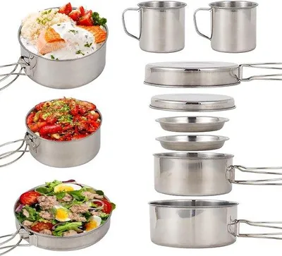 Produktbild von Famanu Camping Kochset 8-teilig - Edelstahl, inklusive Geschirr