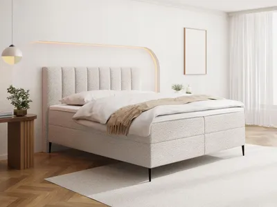 Produktbild von Boxspringbett mit Bettkasten – Polsterbett 120 x 200 cm mit H4 Taschenfederkern 7-Zonen Matratze & 5 cm Topper – Stauraumbett mit hohem Kopfteil & Metallfüße – Boucle Weiß