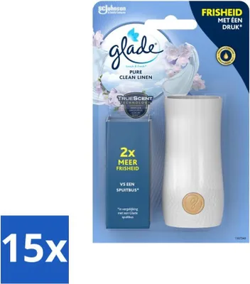 Zdjęcie produktu dla Glade - Przybornik Touch & Fresh - Czysta, czysta pościel - 10 ml - Opakowanie wartościowe - 15 szt