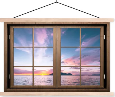 Produktbild von MuchoWow® Textilposter Aussicht - Meer - Berge 120x80 cm mit holzfarbenen Rahmen - Aufhängeset