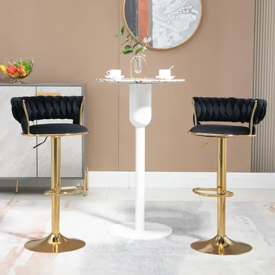 Image de Lot de 2 tabourets de bar en velours, réglables en hauteur, pivotants, avec dossier tissé, tabourets de comptoir, chaises rembourrées, chaises de cuisine pivotantes modernes, gris