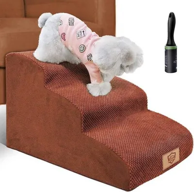 Immagine prodotto di Uniqoos® Scala per cani, 3 gradini – scala per animali domestici curva realizzata in schiuma ad alta densità, rivestita in peluche, con base antiscivolo, ideale per divani/divani letto, dimensioni 57x40x40 cm, inclusa una spazzola per la rimozione dei peli