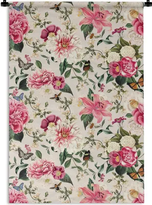 Produktbild von MuchoWow® Wandteppich Wandbehang Blumen - Insekten - Rosa 90x135 cm Tapisserie Dekoration Wandtuch - Baumwolle - Wandskulptur