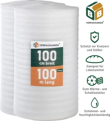 Produktbild von Trittschalldämmung (200 m²) multifunktionale PE-Schaumfolie 3mm für diverse Fußböden und Warmwasserfußbodenheizung Polster BB-Verpackungen