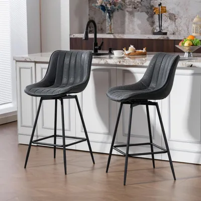 Produktbild von Barhocker 2er Set mit Rückenlehne, drehbar, Tresenhocker mit Kanalsteppung, Küchenhocker, Schwarz | 68 cm Sitzhöhe | Kunstleder | 97,5 cm Höhe