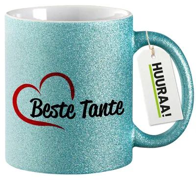 Produktbild von Huuraa Glitzertasse Beste Tante Herz 330ml Blau Keramik Kaffeebecher Geschenkidee