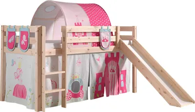 Image de Lit de jeu Vipack Pino incl. toboggan, surface de couchage 90x200 cm avec set textile rideau, tunnel et 3 sacs "Princes