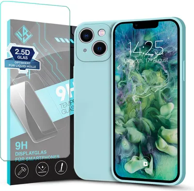 Produktbild von Hülle für Apple iPhone 13 mit 9H Displayglas Displayschutz Plus Case Cover Bumper Silikon Softgrip Schutzhülle Farbe: Hellblau