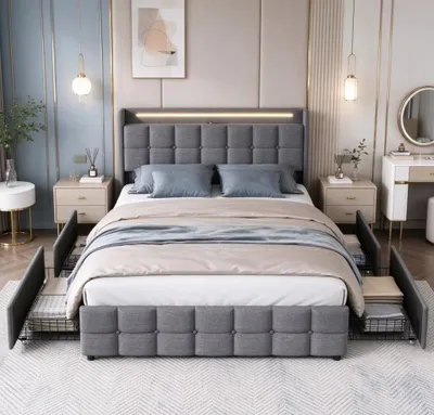 Productafbeelding van Boxspringbed - Bed met opbergruimte - 160 x 200 cm - 4 lades - LED-hoofdeinde - USB-oplaadfunctie - Lattenbodem - Linnen grijs