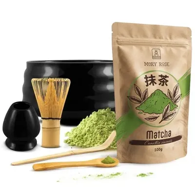 Produktbild von Mary Rose - Matcha Tee Set Pulver 100g - Keramik Matchawan Schwarze Schale Yoru 500ml - Chasen Besen, Kusenaoshi Halter - Bambus
