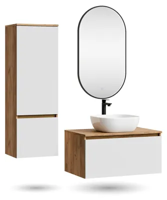Produktbild von ARISA Badmöbel Set inkl. Hochschrank in Weiß - mit "Glora" LED Spiegel und weißem Keramik-Aufsatzwaschbecken 42 cm