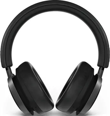A pair of black over-ear headphones shown from the front against a white background.