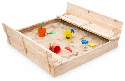 Obrázek produktu pro Velký dřevěný pískoviště pro děti se sedátky a ochranným krytem – GINGER HOME, rozměry 157 × 157 × 21 cm