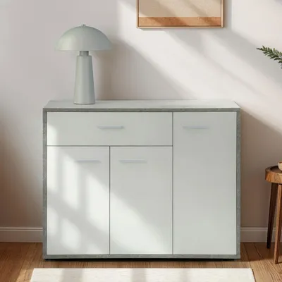 Produktbild von Schuhschrank DEUSTO 3 Türen 1 Schublade 7 Einlageböden für Flur und Eingangsbereich - Schuhregal geschlossen - Schuhaufbewahrung Sideboard betonoptik/weiß