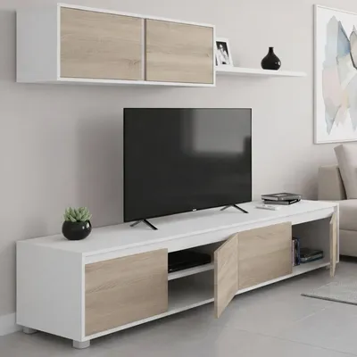 Productafbeelding van TV-meubel met 4 deuren en wandplank met 2 deuren, breedte 200 cm