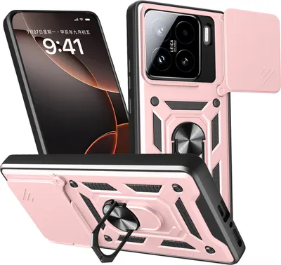 A pink and black phone case with a ring holder and camera cover is displayed with a phone screen showing the time.