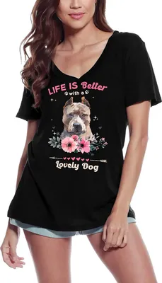 Produktbild von Damen Grafik T-Shirt V-Ausschnitt Das Leben eines Pitbulls ist besser mit einem lieben Hund – Pitbull Life Is Better With A Lovely Dog