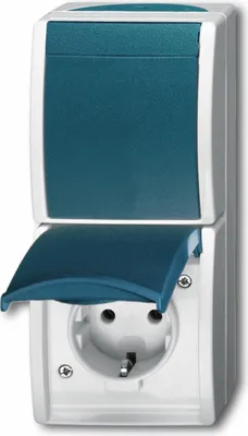 A close-up, studio shot of a white and teal electrical outlet with its protective covers open.