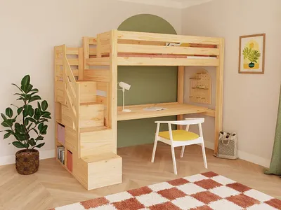 Produktbild von Hochbett MAKALU mit Stauraumtreppe und Schreibtisch 90x200 cm Weiß
