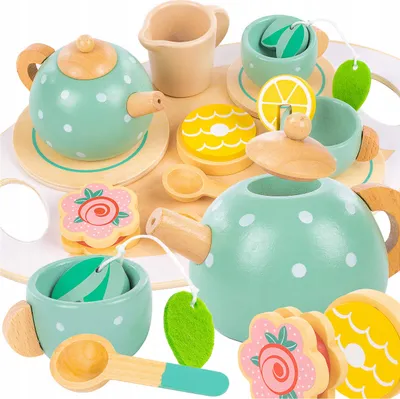 Produktbild von Kinderplay Holz Tee-Set – 15-teiliges Teeservice mit Tablett und Zubehör für Kinder – Green Series GS4640