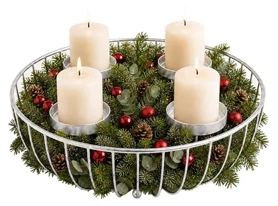 Productafbeelding van Relaxdays Adventskrans, 4 stompkaarsen, metaal, afmetingen: 10 x 33 cm, moderne adventsdecoratie, kerstkrans, zilver, AI-gegenereerde afbeelding