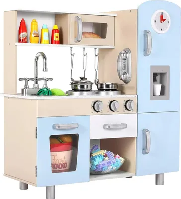Immagine prodotto di Cucina da gioco in legno per bambini - set da cucina per bambini - luci e suoni - fornello, forno, microonde, macchina per il caffè - 81 x 74 x 30 cm - da 3 anni - blu cielo