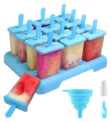 Produktbild von 12er Set wiederverwendbare Eisformen, BPA-frei, mit Silikontrichter & Reinigungsbürste, DIY Eis am Stiel, kindersicher, leicht zu reinigen, blau