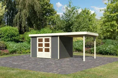 Produktbild von Karibu Gartenhaus Gerätehaus Askola 5 im Set mit Anbaudach 2,40 m Breite terragrau 522x246x211 cm