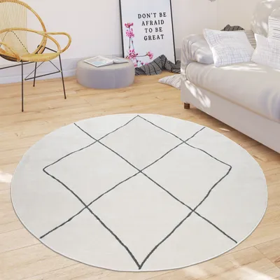 Produktbild von Teppich Wohnzimmer Mit Modernem Skandi Rauten Muster Kurzflor, Hell In Weiß Grösse Ø 200 cm Rund