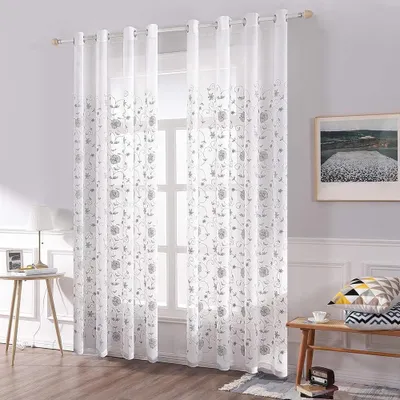 Immagine prodotto di Tende - Pannelli trasparenti - Decorazione per soggiorno - Ricamo floreale - 260 x 140 cm - Grigio