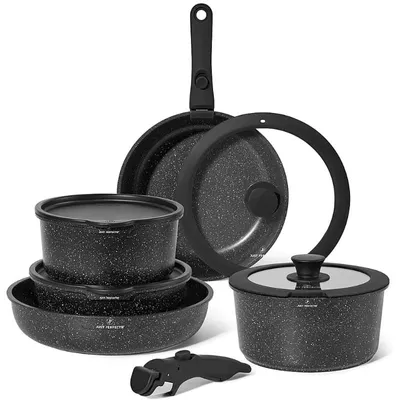 Produktbild von Topfset 11-teilig mit abnehmbaren Griffen, Granit, Induktion, Schwarz