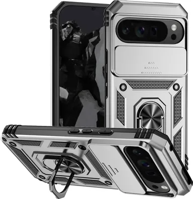 Immagine prodotto di Custodia per Google Pixel 9 Pro a doppio strato con copertura scorrevole della fotocamera e supporto ad anello Argento