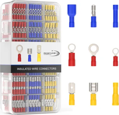 A clear, well-lit studio shot of a set of electrical wire connectors in a clear plastic case, with individual examples of the connectors displayed to the right of the case.