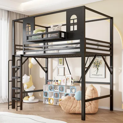 Productafbeelding van Flieks etagebed 90x200 cm met plank, kinderbed in de vorm van een huis met raam en dak, hoogslaper met metalen frame en ladder, eenpersoons hoogslaper, zwart