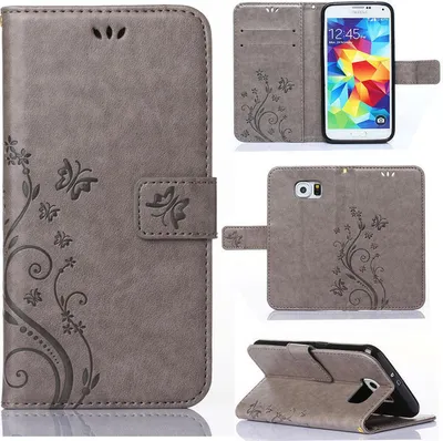 Produktbild von Handy Tasche für Samsung Galaxy S5 Schutz Hülle Handyhülle mit Blumenmuster Klapp Hülle mit Standfunktion und Kartenfächer Grau