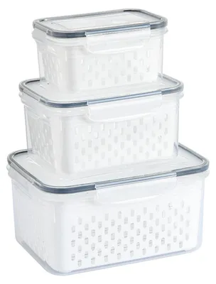 Produktbild von 3er-Pack Obstaufbewahrungsbehälter für den Kühlschrank mit Sieben, luftdichte Lebensmittelbehälter mit Deckel für Salat, Beeren, Kopfsalat und Gemüse