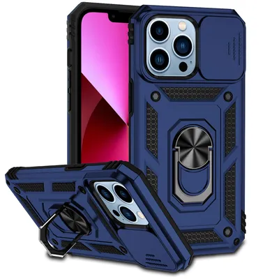 Immagine prodotto di Custodia per iPhone 14 Pro Max a doppio strato con copertura scorrevole della fotocamera e supporto ad anello blu