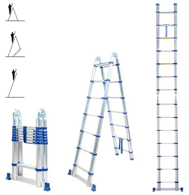 Image de Échelle télescopique de 4,4 mètres - 2 marches x 7 échelons - Aluminium - Pliable et multifonctionnelle