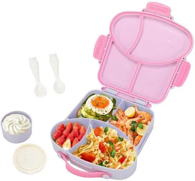 Produktbild von Unyqoos® Kinder-Lunchbox mit 4 Fächern + Snackfach, inkl. Besteck (Löffel & Gabel), BPA-frei PP, mikrowellengeeignet, 23 x 20,5 x 5,5 cm