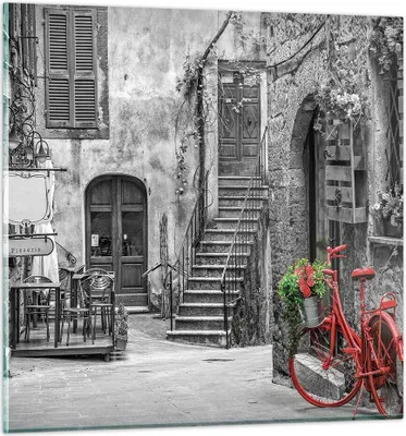 Produktbild von Bilder auf glas - Einteilig - Rot Fahrrad Allee - 50x50cm - Glasbilder - Wandbilder - Bilder - zum Aufhängen bereit - Wanddekoration aus Glas - Glas Bilder - Wandbild auf Glas - GAC50x50-4410