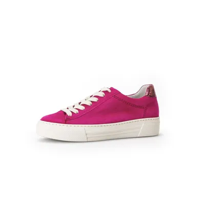 A single pink sneaker with white laces and a white sole is shown against a white background.