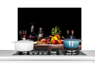 Produktbild von KitchenYeah®  Spritzschutz Küche - Küchenrückwand - Wandschutz für Herd und Spüle - Stilleben - Essen - Trinken - Obst - Schwarz 80x55 - Alu-Dibond (Alternative zum Spritzschutz aus Glas) - Hitzebestä